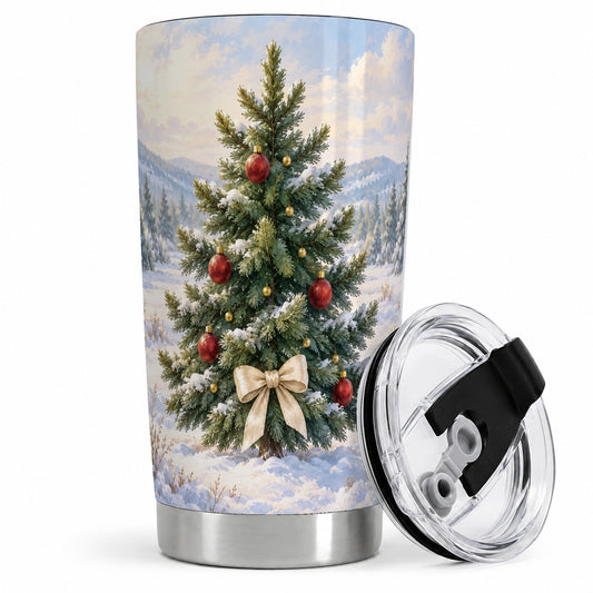 Snowy Christmas Tree 20oz Tumbler, Rustic Winter Mountain Scenery