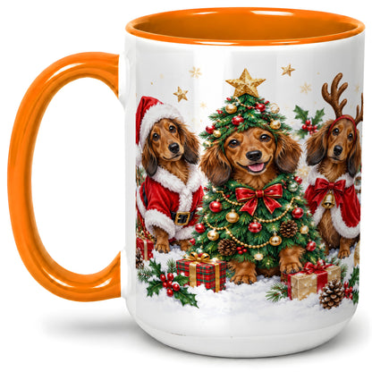 #pl[15oz|Orange] Christmas Dachshund Trio Accent Mug, Ceramic Cup for Dog Lovers