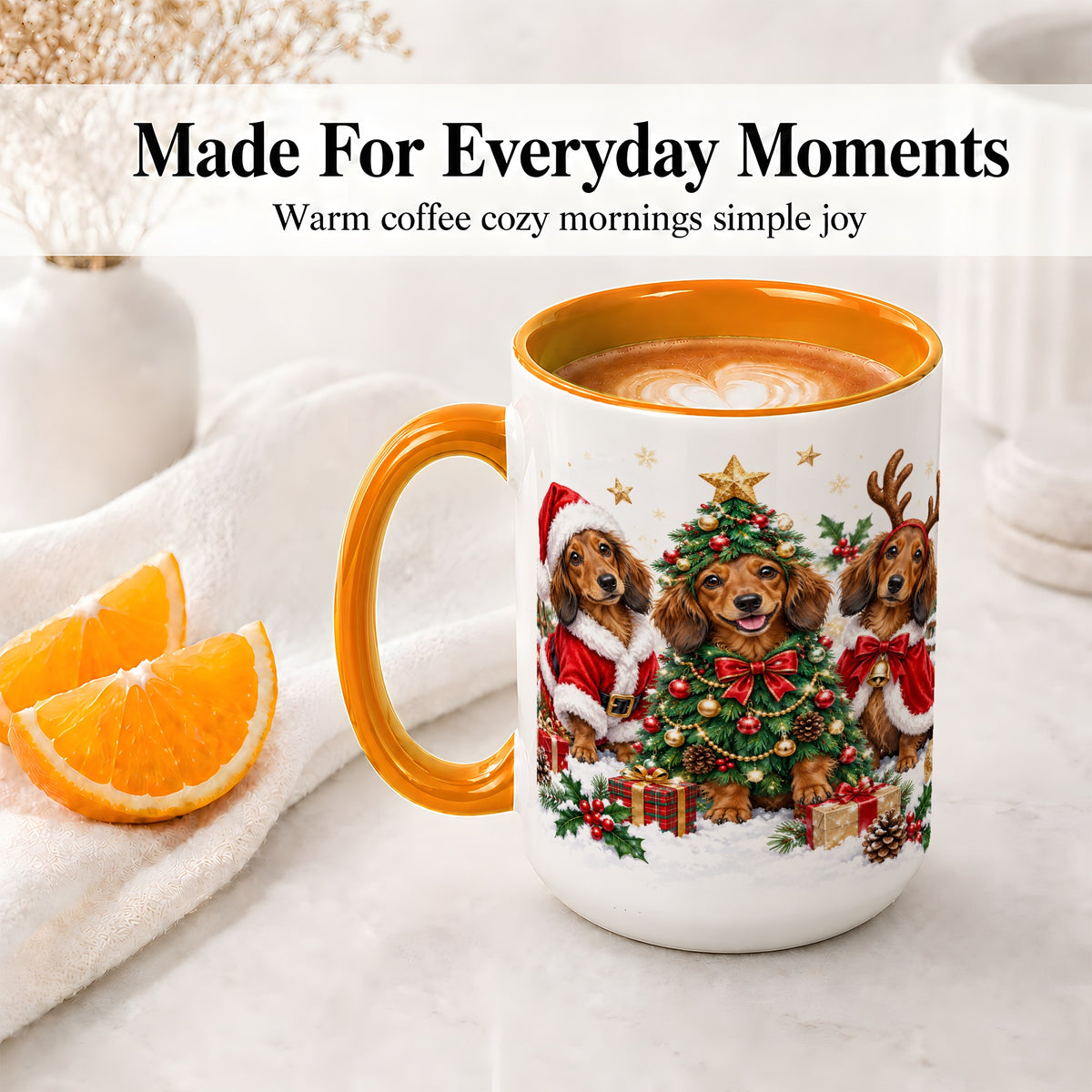#pl[15oz|Orange] Christmas Dachshund Trio Accent Mug, Ceramic Cup for Dog Lovers