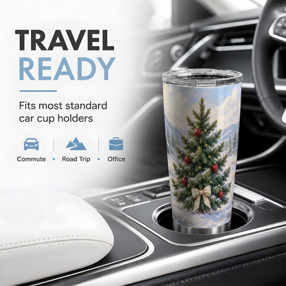 Snowy Christmas Tree 20oz Tumbler, Rustic Winter Mountain Scenery