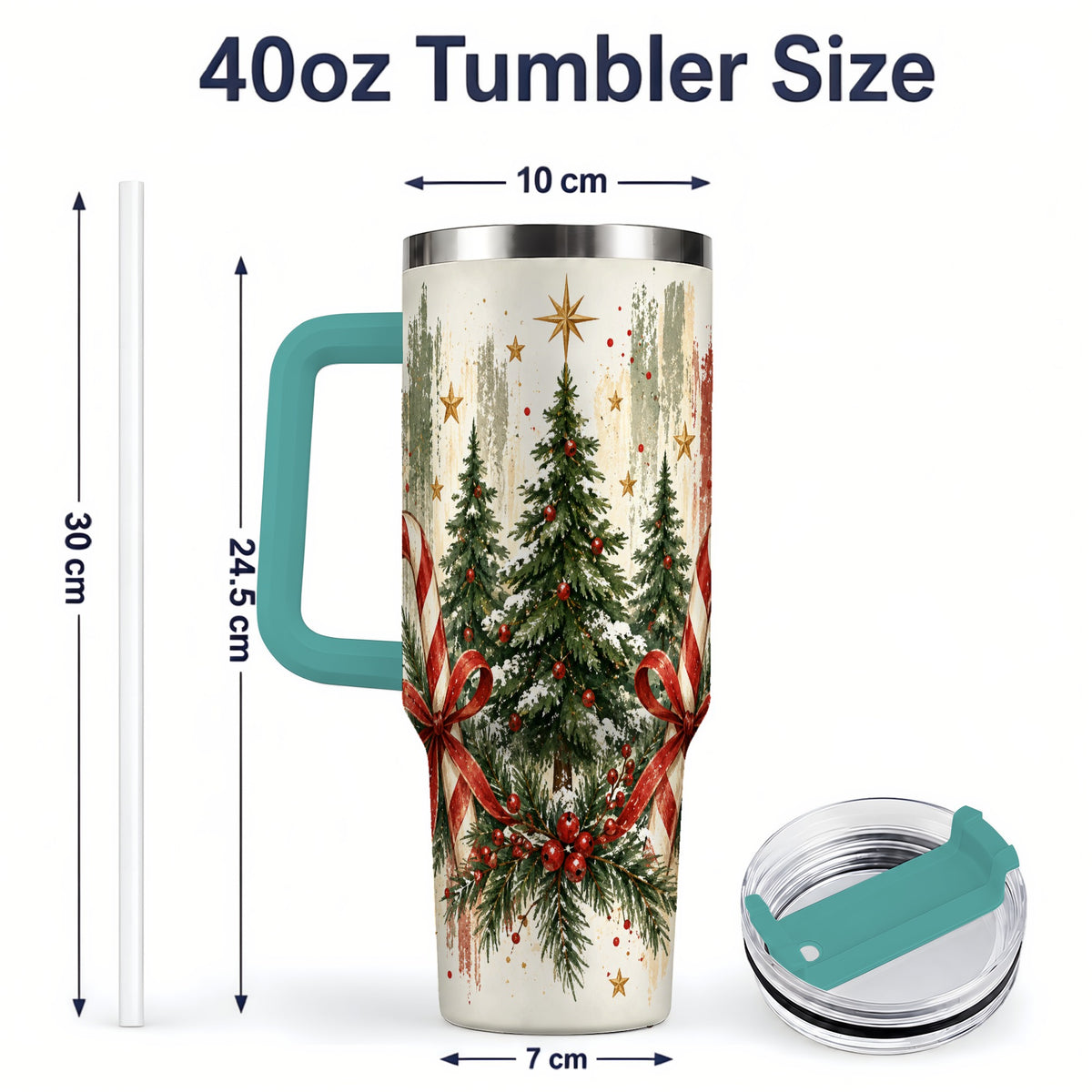#pl[40oz|Green] Rustic Christmas Trees Handled Tumbler, 40oz Winter Holiday Drinkware