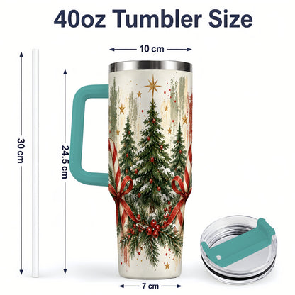 #pl[40oz|Green] Rustic Christmas Trees Handled Tumbler, 40oz Winter Holiday Drinkware