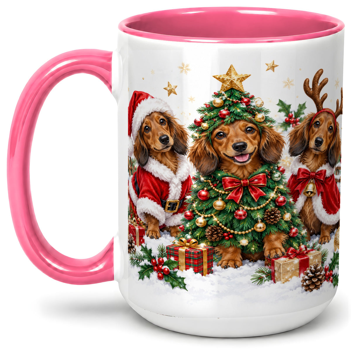 #pl[15oz|Pink] Christmas Dachshund Trio Accent Mug, Ceramic Cup for Dog Lovers