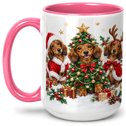 #pl[15oz|Pink] Christmas Dachshund Trio Accent Mug, Ceramic Cup for Dog Lovers