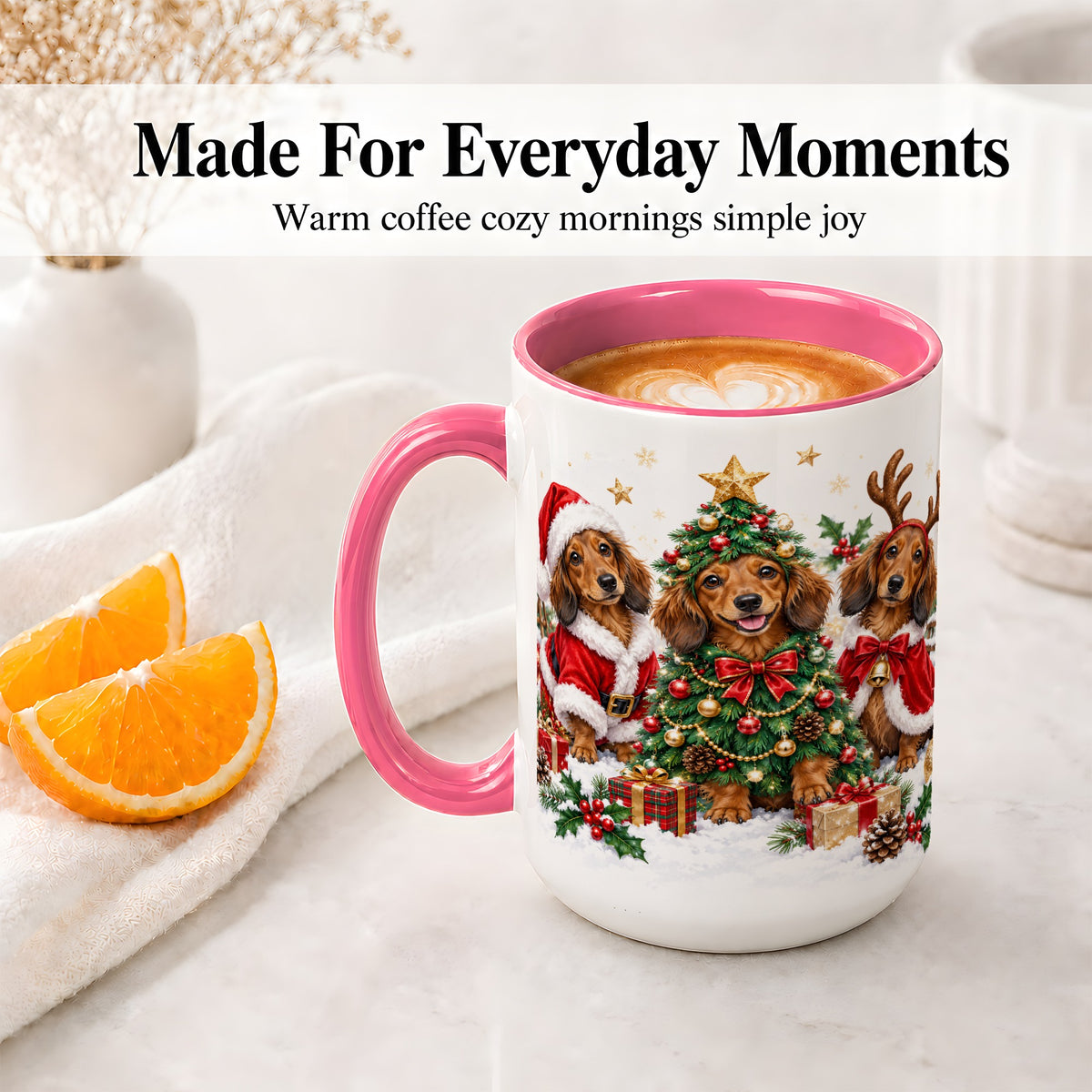 #pl[15oz|Pink] Christmas Dachshund Trio Accent Mug, Ceramic Cup for Dog Lovers