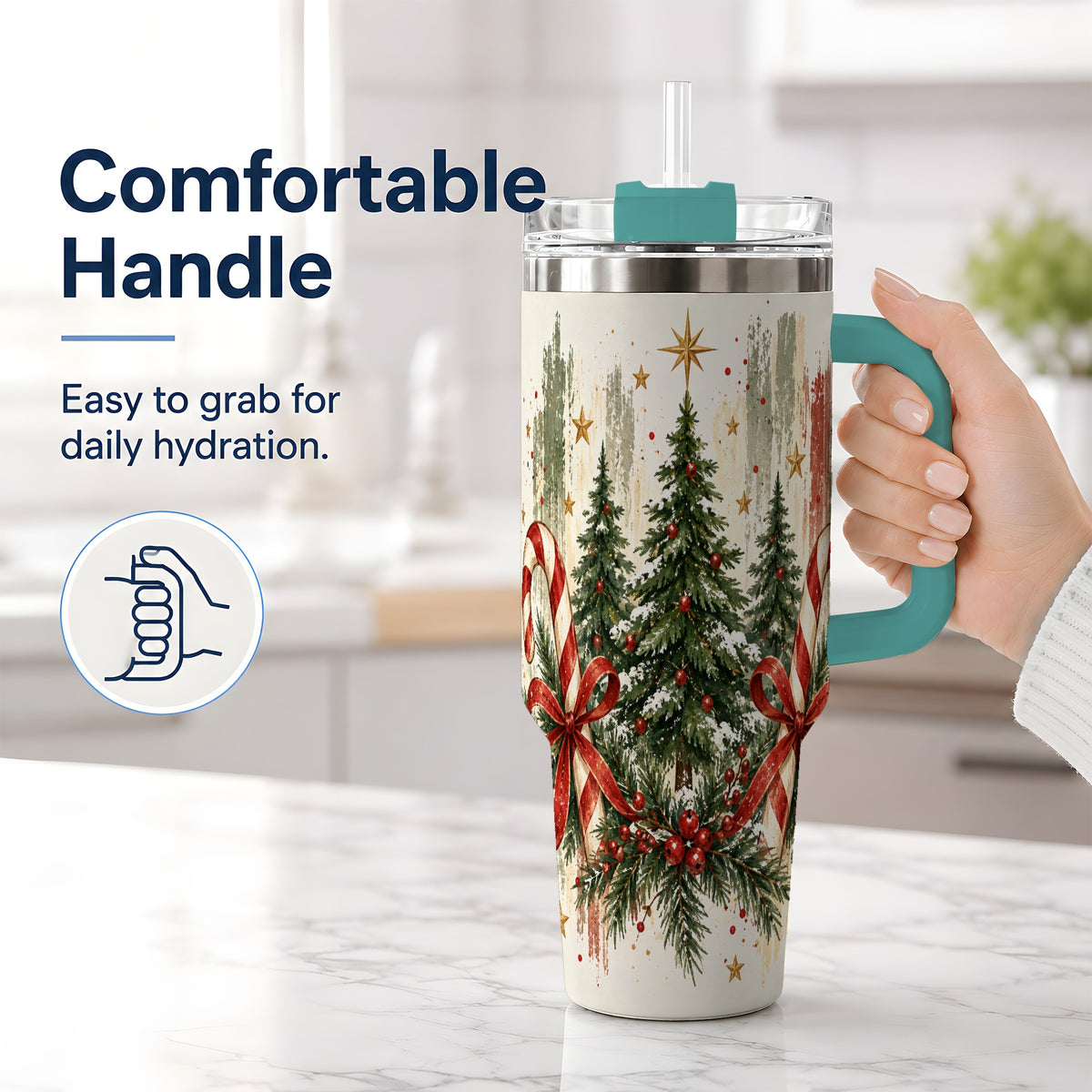 #pl[40oz|Green] Rustic Christmas Trees Handled Tumbler, 40oz Winter Holiday Drinkware