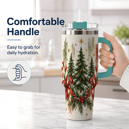#pl[40oz|Green] Rustic Christmas Trees Handled Tumbler, 40oz Winter Holiday Drinkware