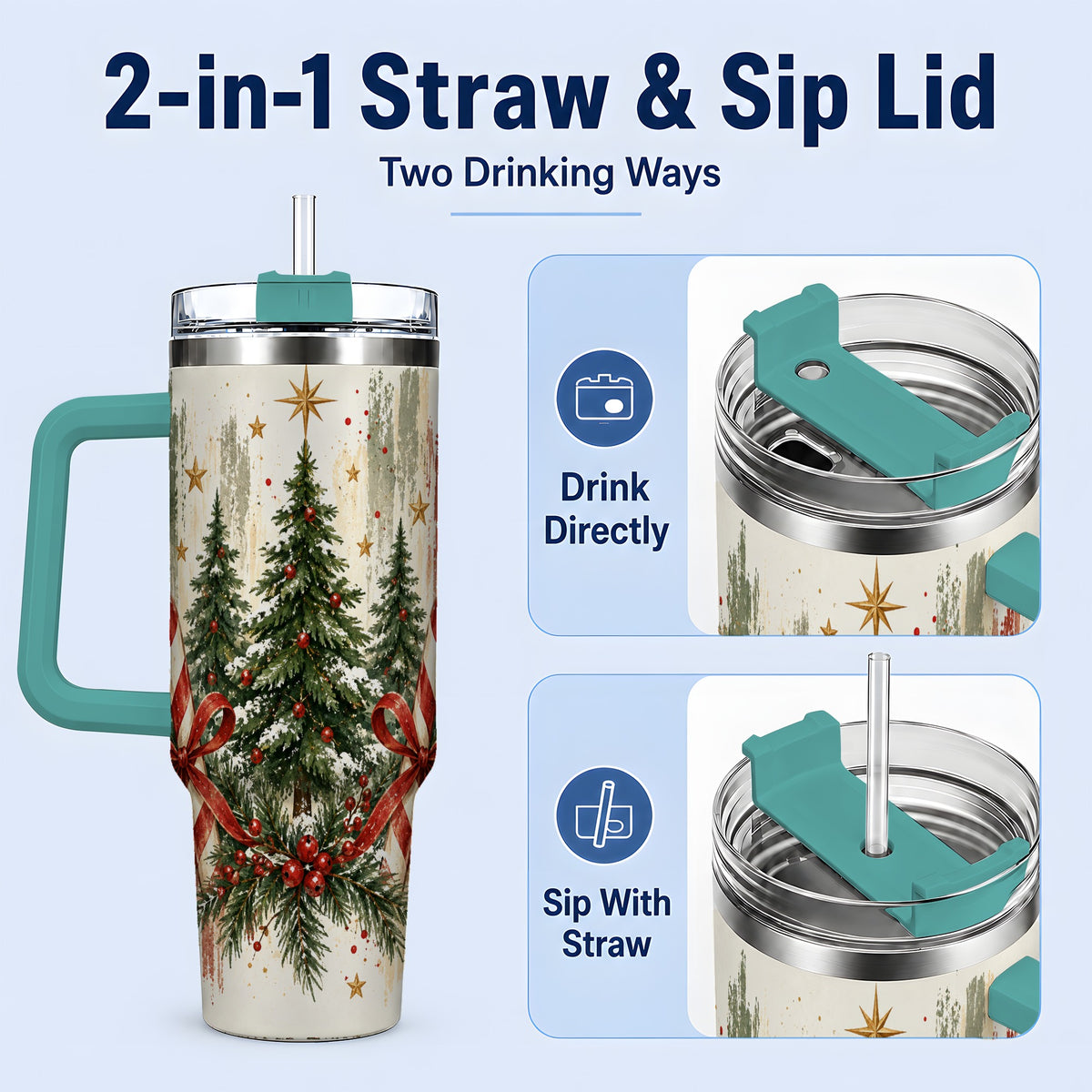 #pl[40oz|Green] Rustic Christmas Trees Handled Tumbler, 40oz Winter Holiday Drinkware