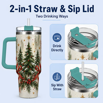 #pl[40oz|Green] Rustic Christmas Trees Handled Tumbler, 40oz Winter Holiday Drinkware