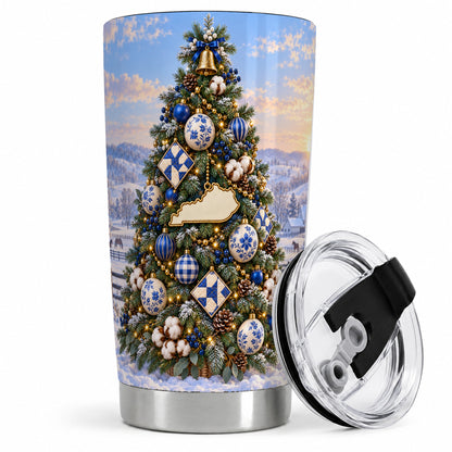 Blue White Christmas Tree 20oz Tumbler, Rustic Farmhouse Holiday Art