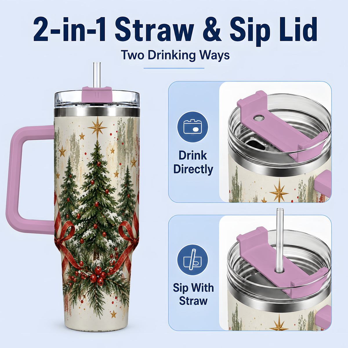 #pl[40oz|Pink] Rustic Christmas Trees Handled Tumbler, 40oz Winter Holiday Drinkware
