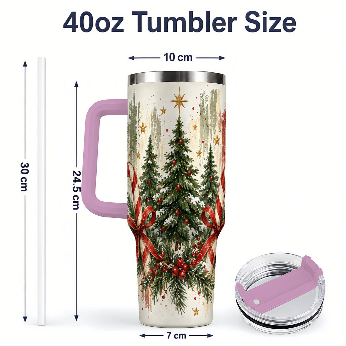 #pl[40oz|Pink] Rustic Christmas Trees Handled Tumbler, 40oz Winter Holiday Drinkware