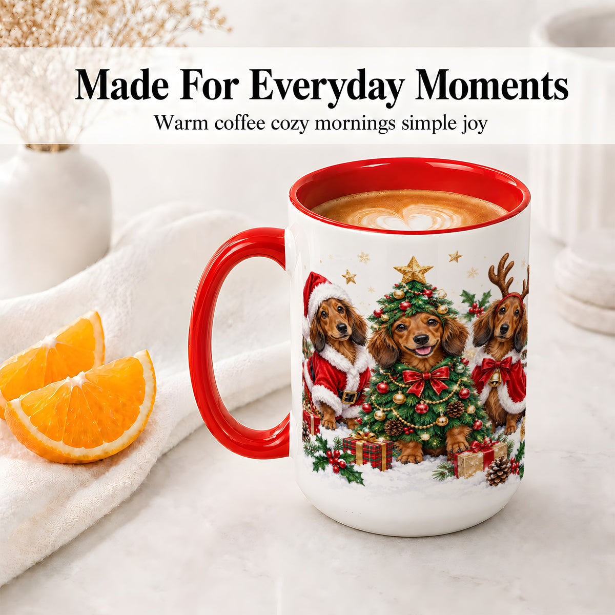 #pl[15oz|Red] Christmas Dachshund Trio Accent Mug, Ceramic Cup for Dog Lovers