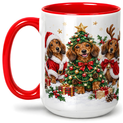 #pl[15oz|Red] Christmas Dachshund Trio Accent Mug, Ceramic Cup for Dog Lovers