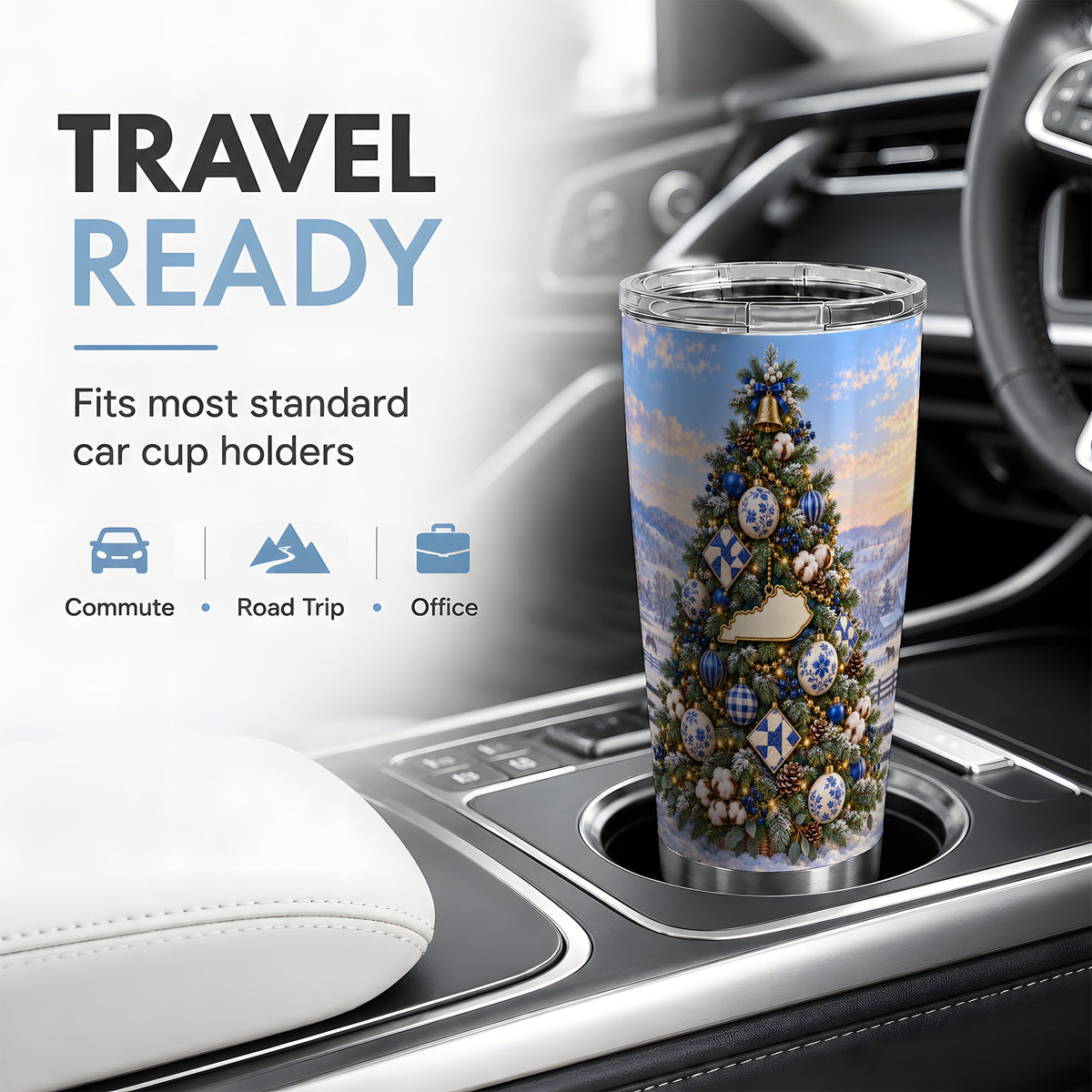 Blue White Christmas Tree 20oz Tumbler, Rustic Farmhouse Holiday Art