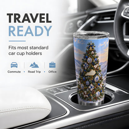 Blue White Christmas Tree 20oz Tumbler, Rustic Farmhouse Holiday Art