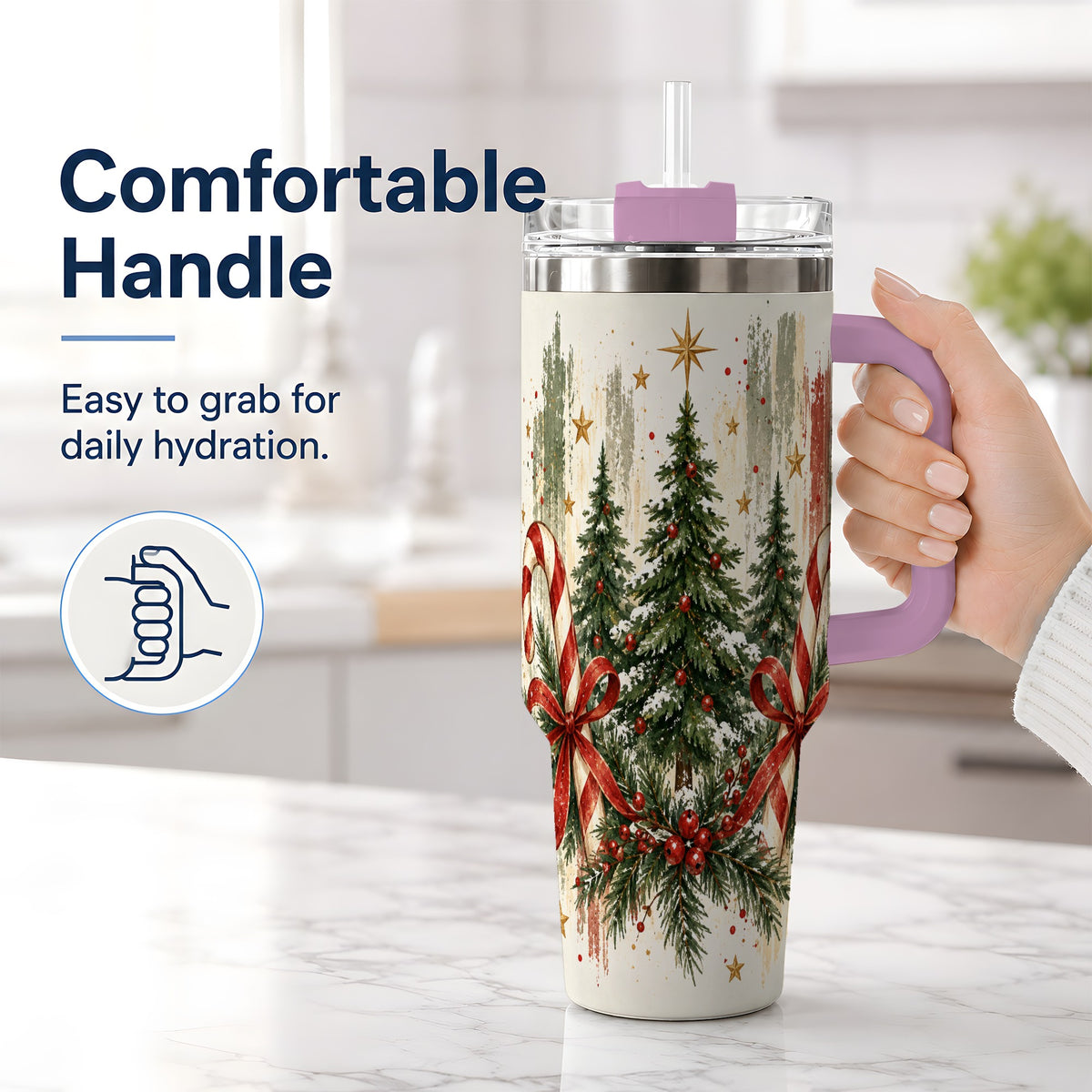 #pl[40oz|Pink] Rustic Christmas Trees Handled Tumbler, 40oz Winter Holiday Drinkware