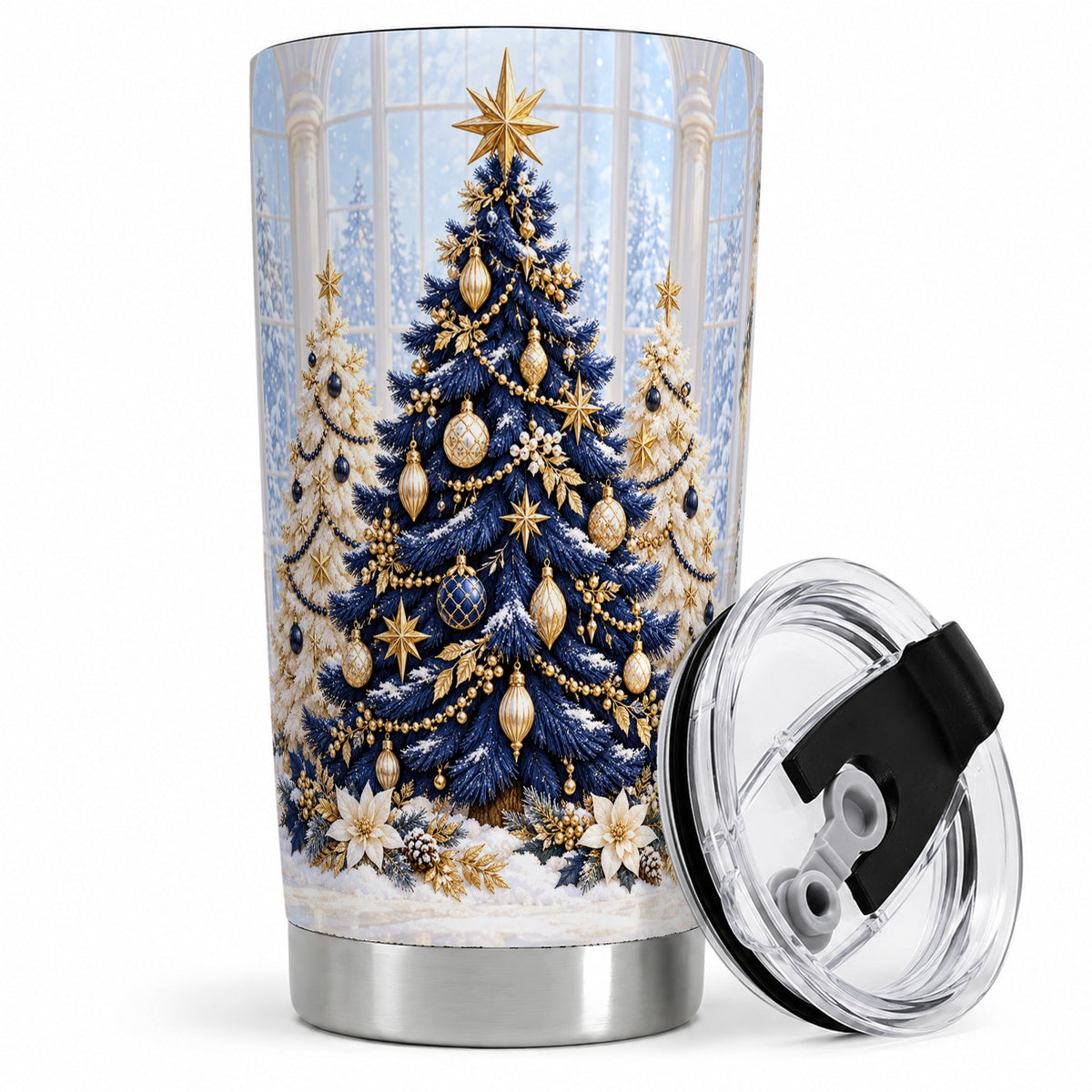 Navy Blue Christmas Trees 20oz Tumbler, Elegant Winter Holiday Design