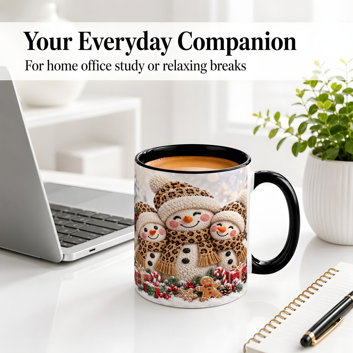 #pl[11oz|Black] Leopard Print Snowmen Accent Mug, Ceramic Christmas Coffee Cup