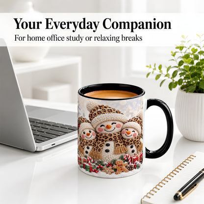 #pl[11oz|Black] Leopard Print Snowmen Accent Mug, Ceramic Christmas Coffee Cup
