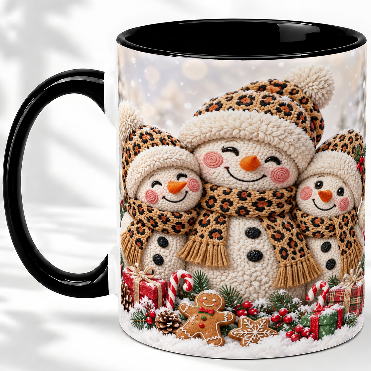 #pl[11oz|Black] Leopard Print Snowmen Accent Mug, Ceramic Christmas Coffee Cup