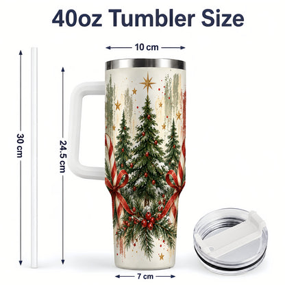 #pl[40oz|White] Rustic Christmas Trees Handled Tumbler, 40oz Winter Holiday Drinkware