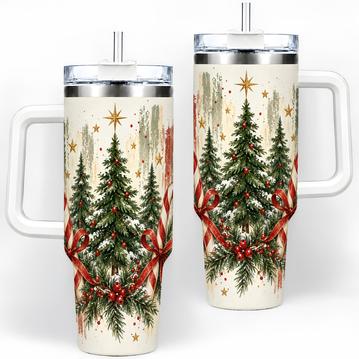 Rustic Christmas Trees Handled Tumbler, 40oz Winter Holiday Drinkware