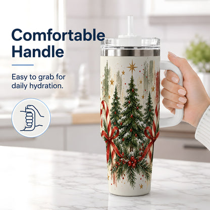 #pl[40oz|White] Rustic Christmas Trees Handled Tumbler, 40oz Winter Holiday Drinkware