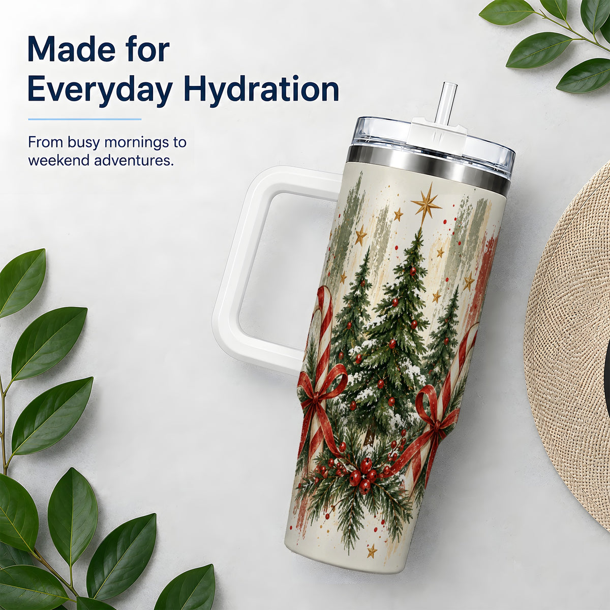 Rustic Christmas Trees Handled Tumbler, 40oz Winter Holiday Drinkware