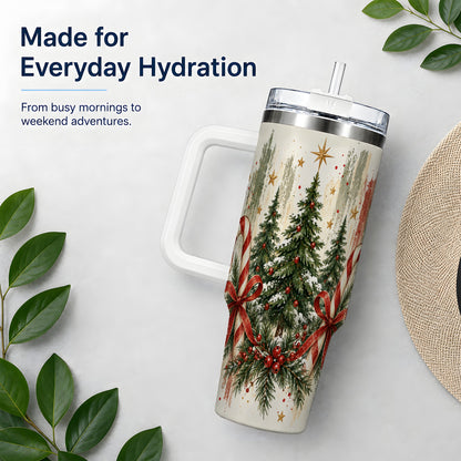 Rustic Christmas Trees Handled Tumbler, 40oz Winter Holiday Drinkware