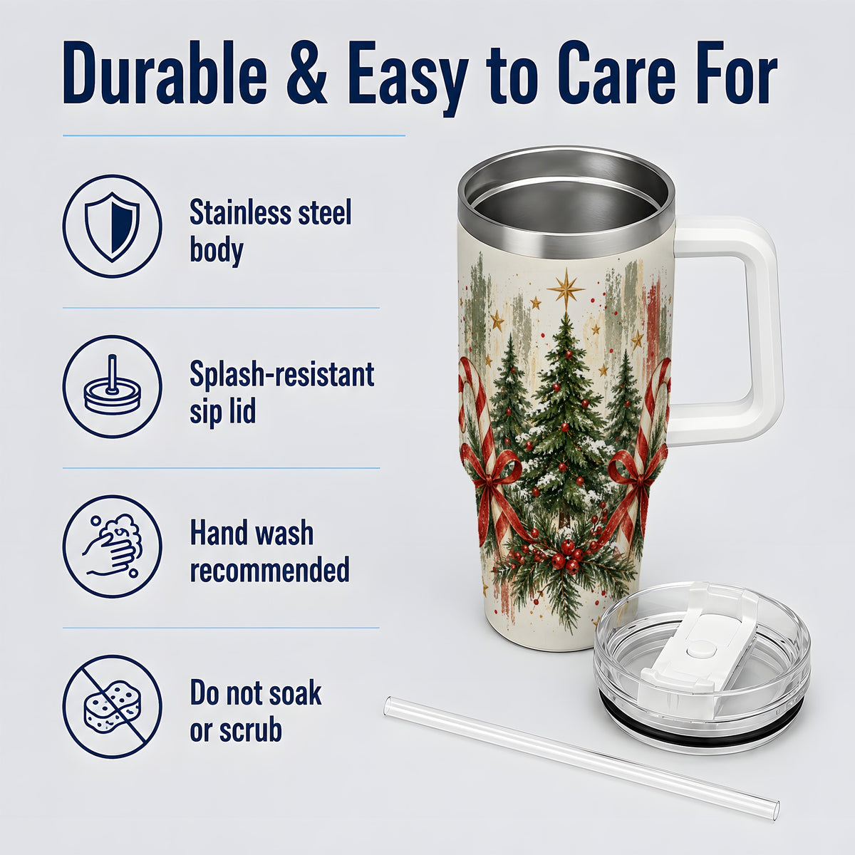Rustic Christmas Trees Handled Tumbler, 40oz Winter Holiday Drinkware
