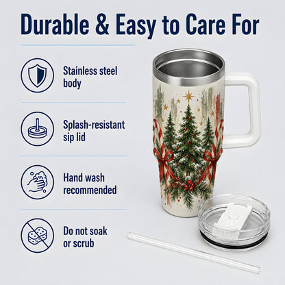Rustic Christmas Trees Handled Tumbler, 40oz Winter Holiday Drinkware
