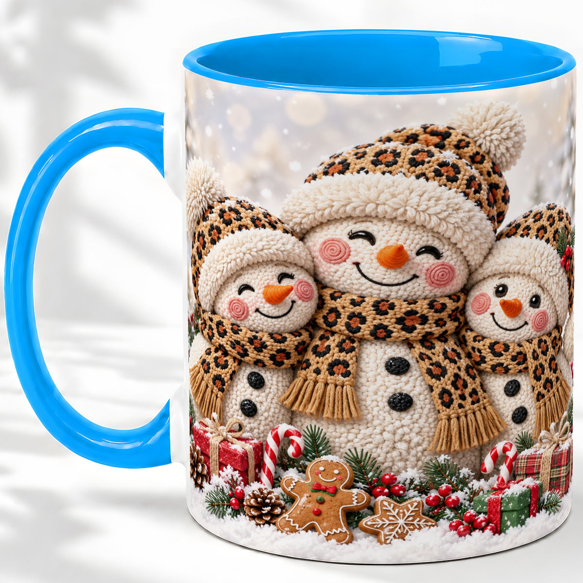 #pl[11oz|Blue] Leopard Print Snowmen Accent Mug, Ceramic Christmas Coffee Cup