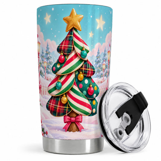Plaid Christmas Tree 20oz Tumbler, Colorful Striped Holiday Artwork