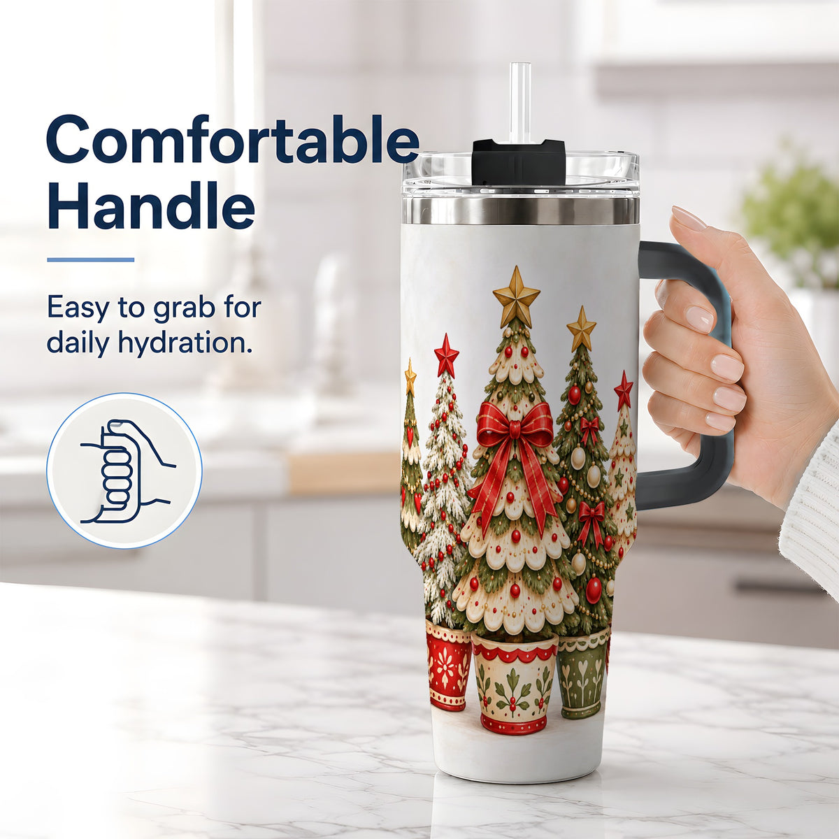 #pl[40oz|Black] Potted Christmas Trees Handled Tumbler, 40oz Festive Holiday Drinkware