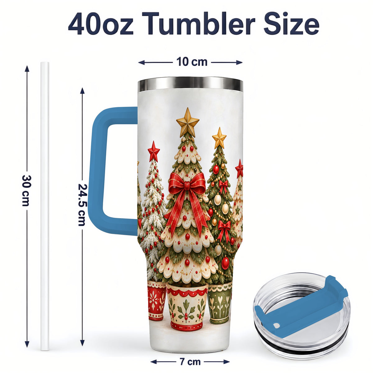 #pl[40oz|Blue] Potted Christmas Trees Handled Tumbler, 40oz Festive Holiday Drinkware