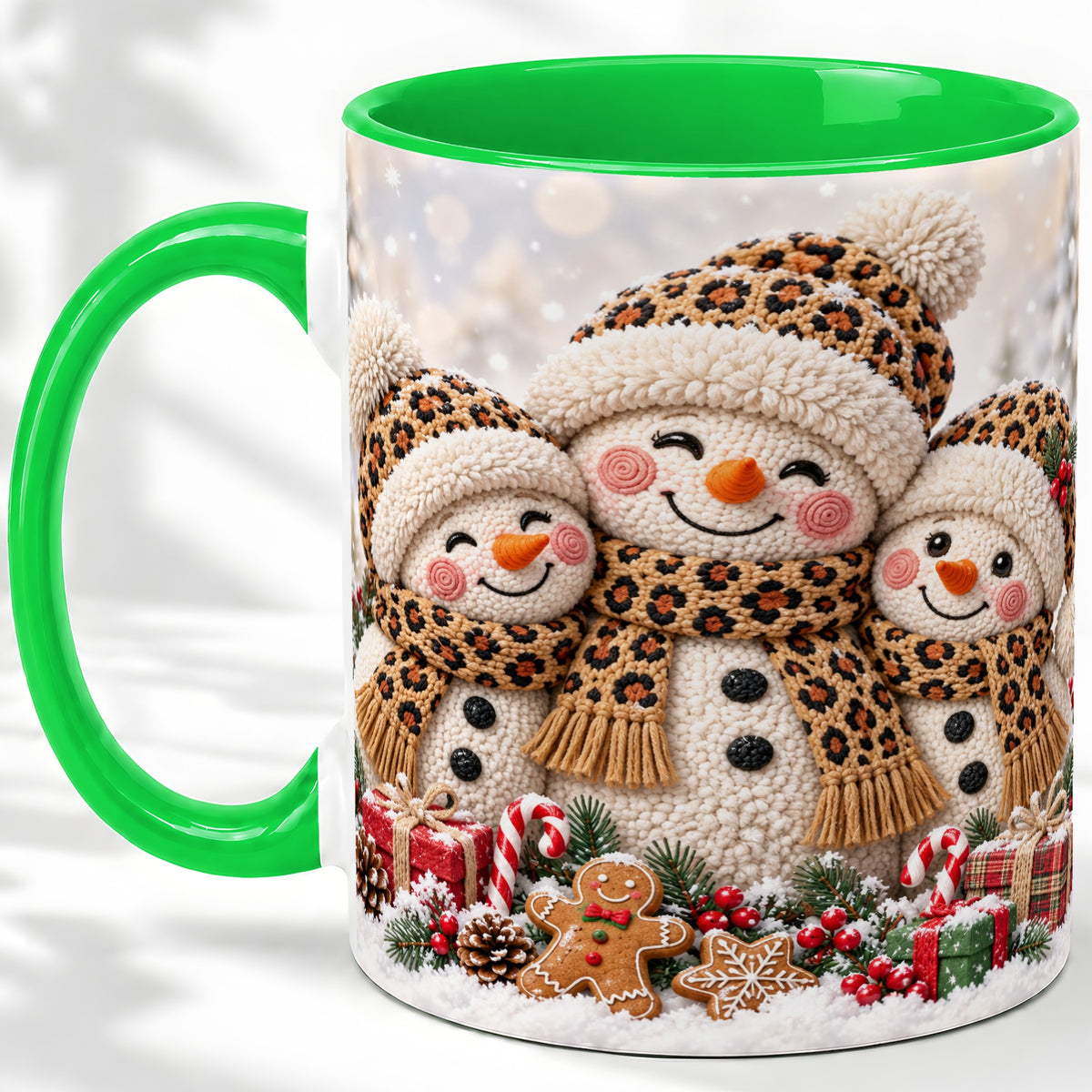 #pl[11oz|Green] Leopard Print Snowmen Accent Mug, Ceramic Christmas Coffee Cup