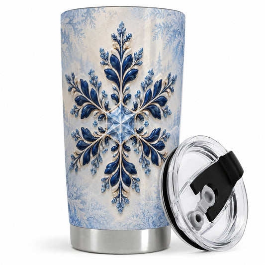 Sapphire Blue Snowflake 20oz Tumbler, Elegant Winter Floral Artwork