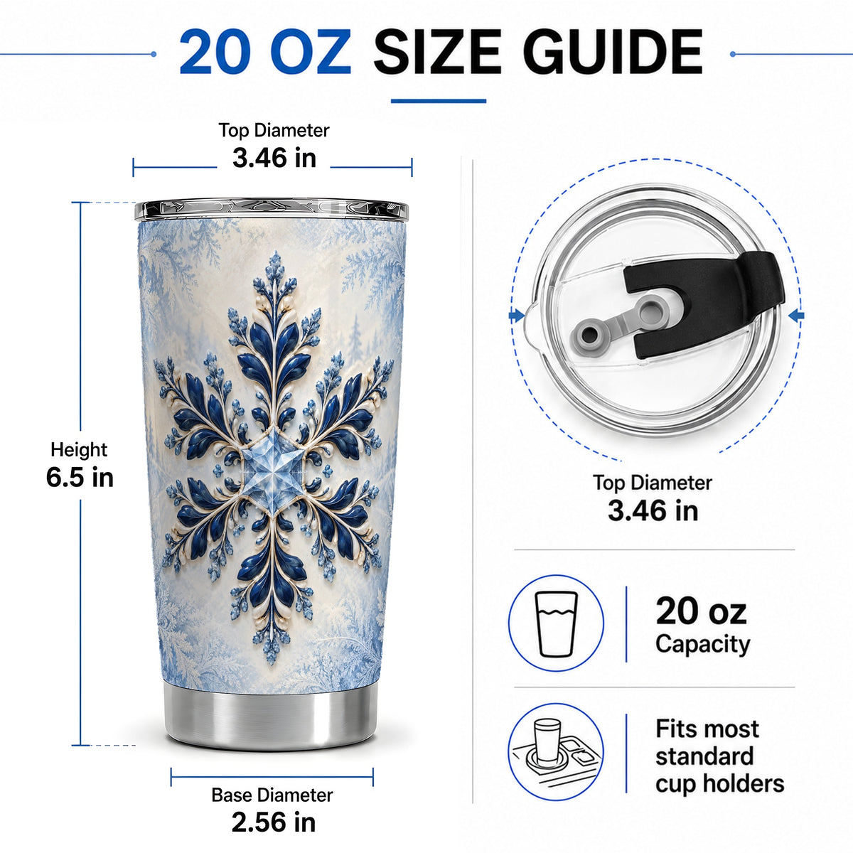 #pl[20oz|Steel] Sapphire Blue Snowflake 20oz Tumbler, Elegant Winter Floral Artwork