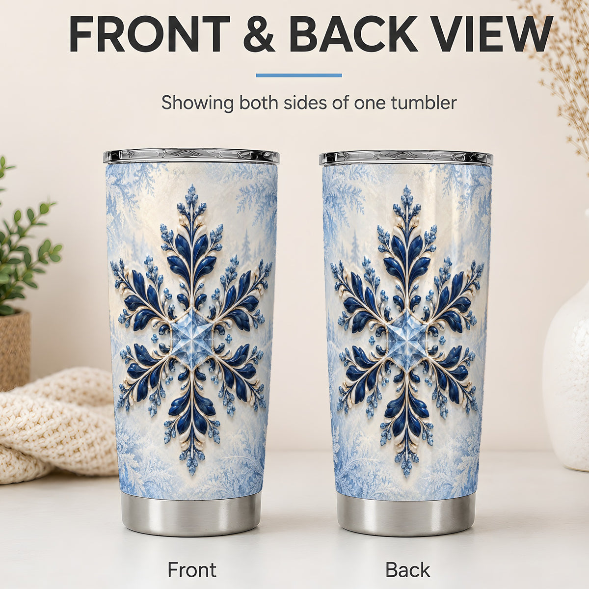 #pl[20oz|Steel] Sapphire Blue Snowflake 20oz Tumbler, Elegant Winter Floral Artwork