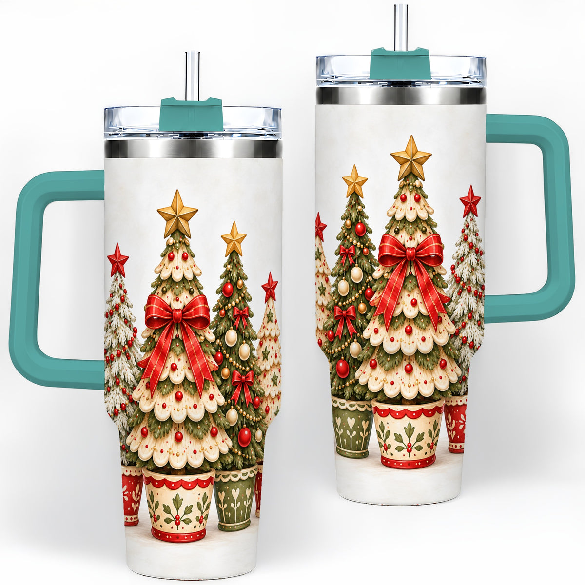 #pl[40oz|Green] Potted Christmas Trees Handled Tumbler, 40oz Festive Holiday Drinkware