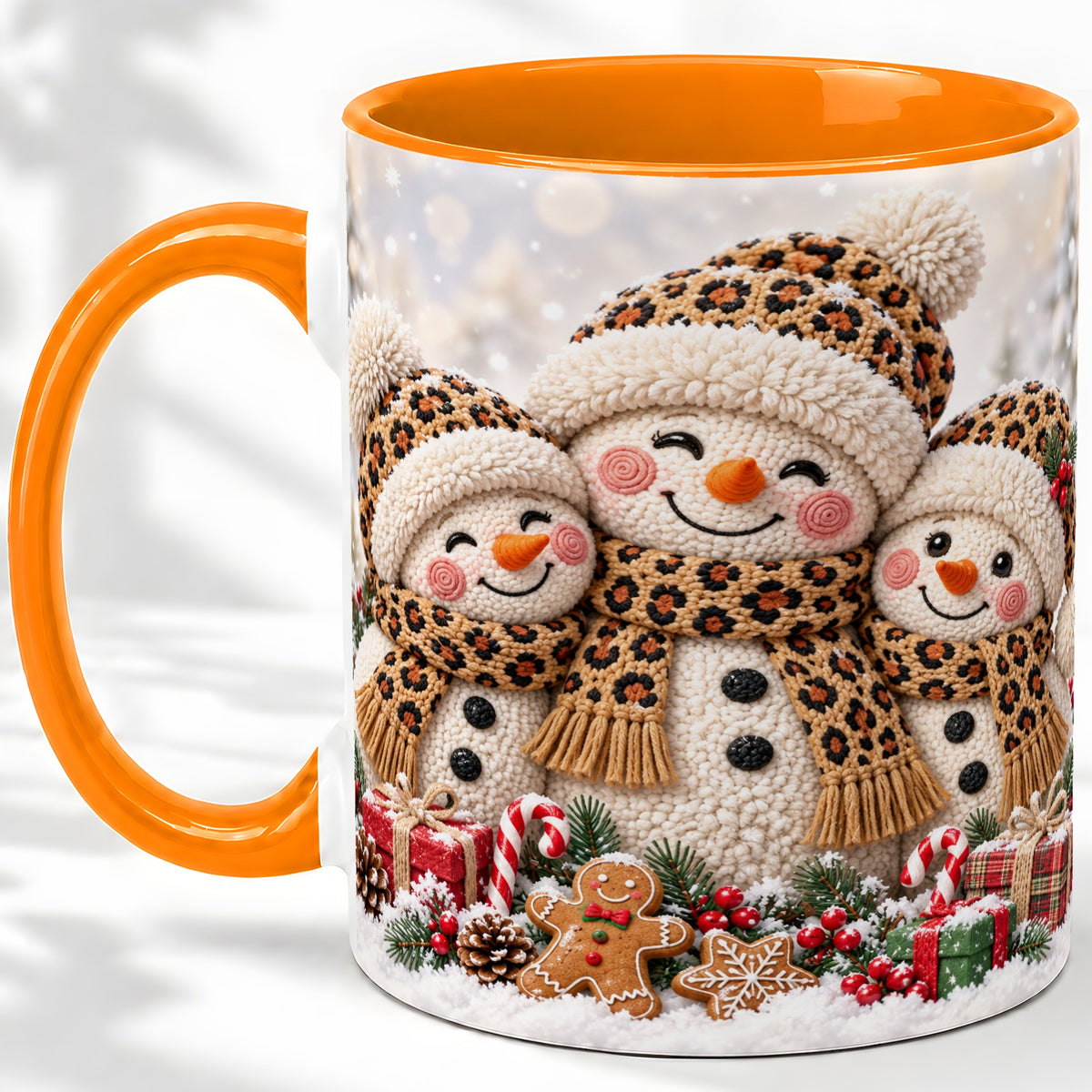 #pl[11oz|Orange] Leopard Print Snowmen Accent Mug, Ceramic Christmas Coffee Cup