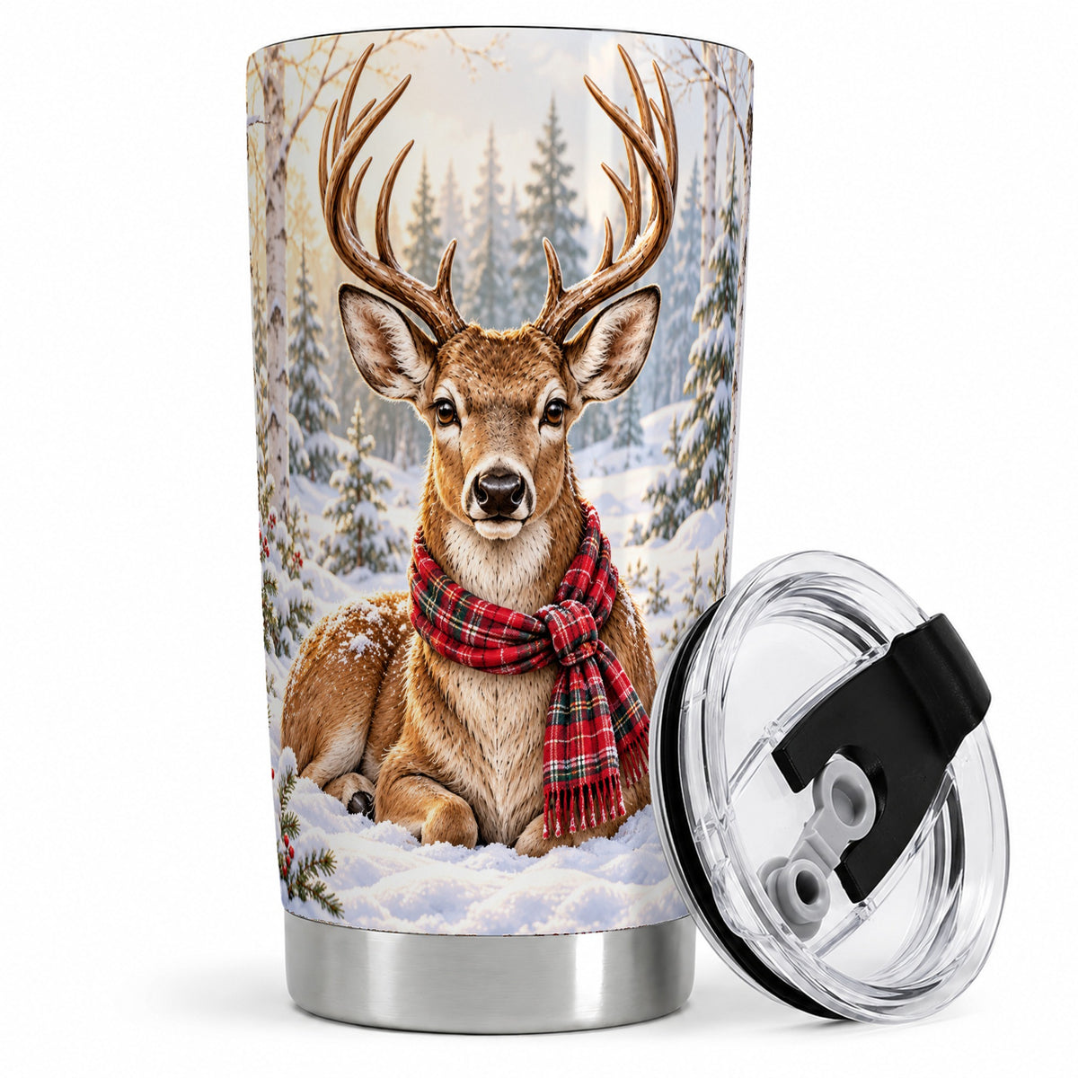 Winter Deer Plaid Scarf 20oz Tumbler, Snowy Woodland Wildlife Art