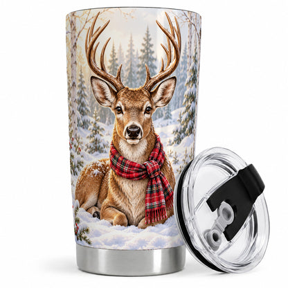 Winter Deer Plaid Scarf 20oz Tumbler, Snowy Woodland Wildlife Art