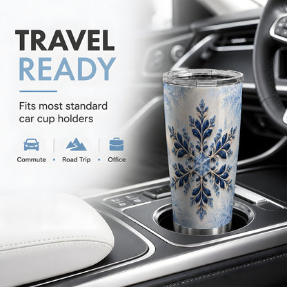 Sapphire Blue Snowflake 20oz Tumbler, Elegant Winter Floral Artwork
