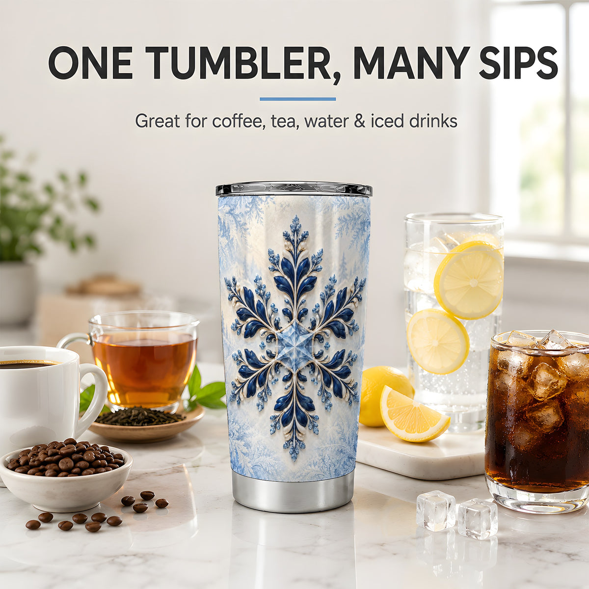 Sapphire Blue Snowflake 20oz Tumbler, Elegant Winter Floral Artwork