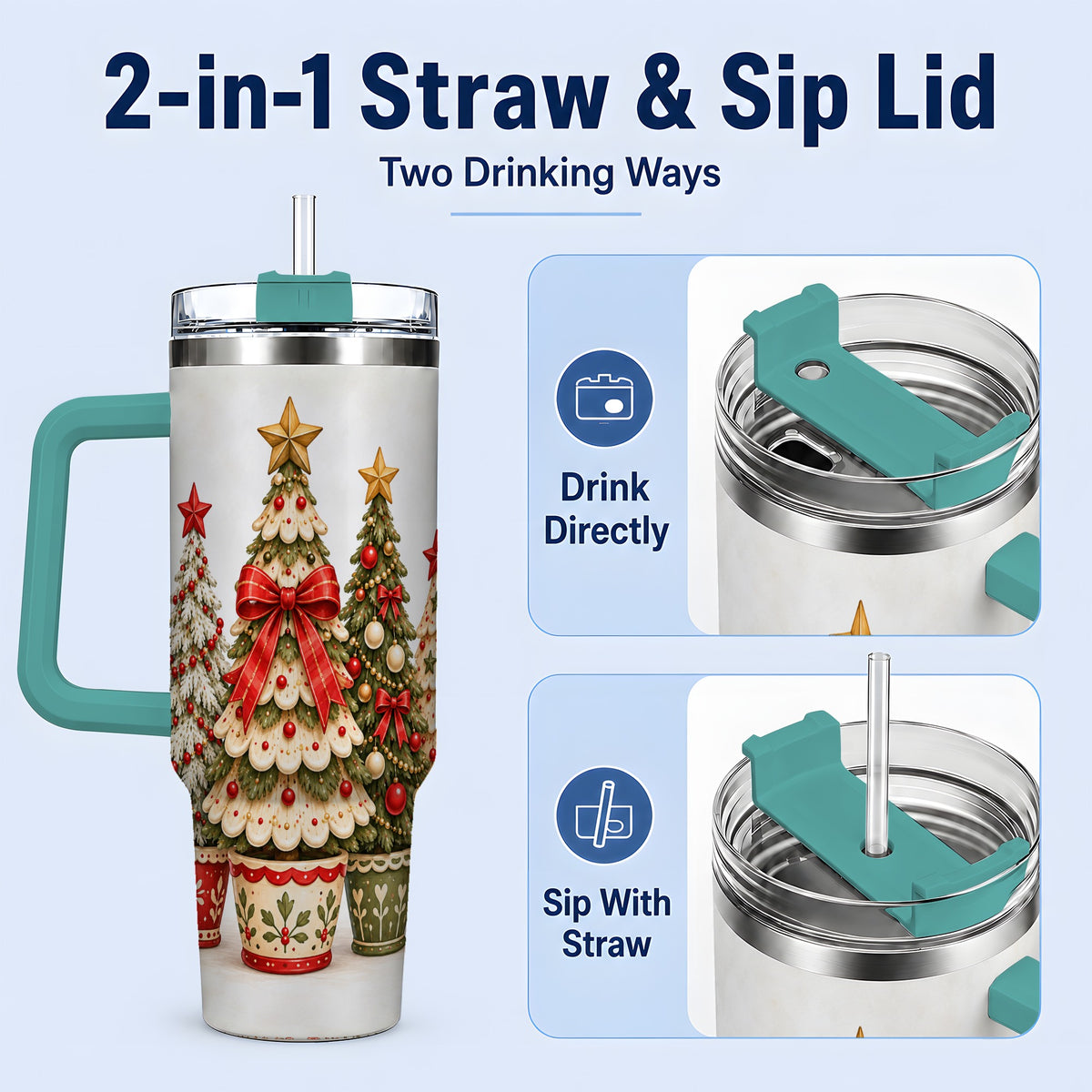 #pl[40oz|Green] Potted Christmas Trees Handled Tumbler, 40oz Festive Holiday Drinkware
