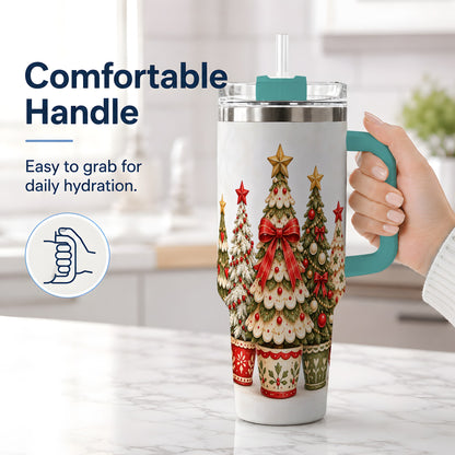 #pl[40oz|Green] Potted Christmas Trees Handled Tumbler, 40oz Festive Holiday Drinkware