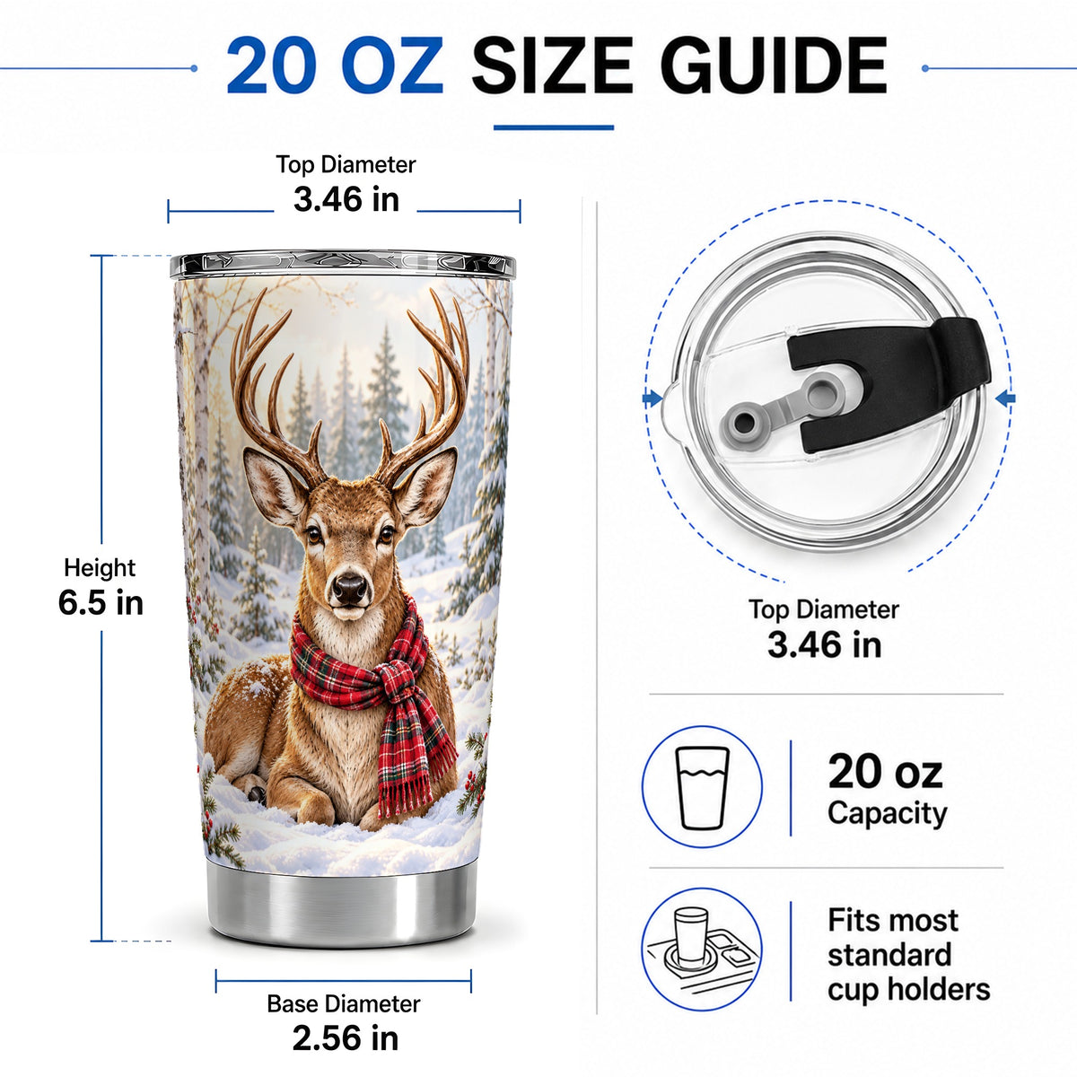 #pl[20oz|Steel] Winter Deer Plaid Scarf 20oz Tumbler, Snowy Woodland Wildlife Art