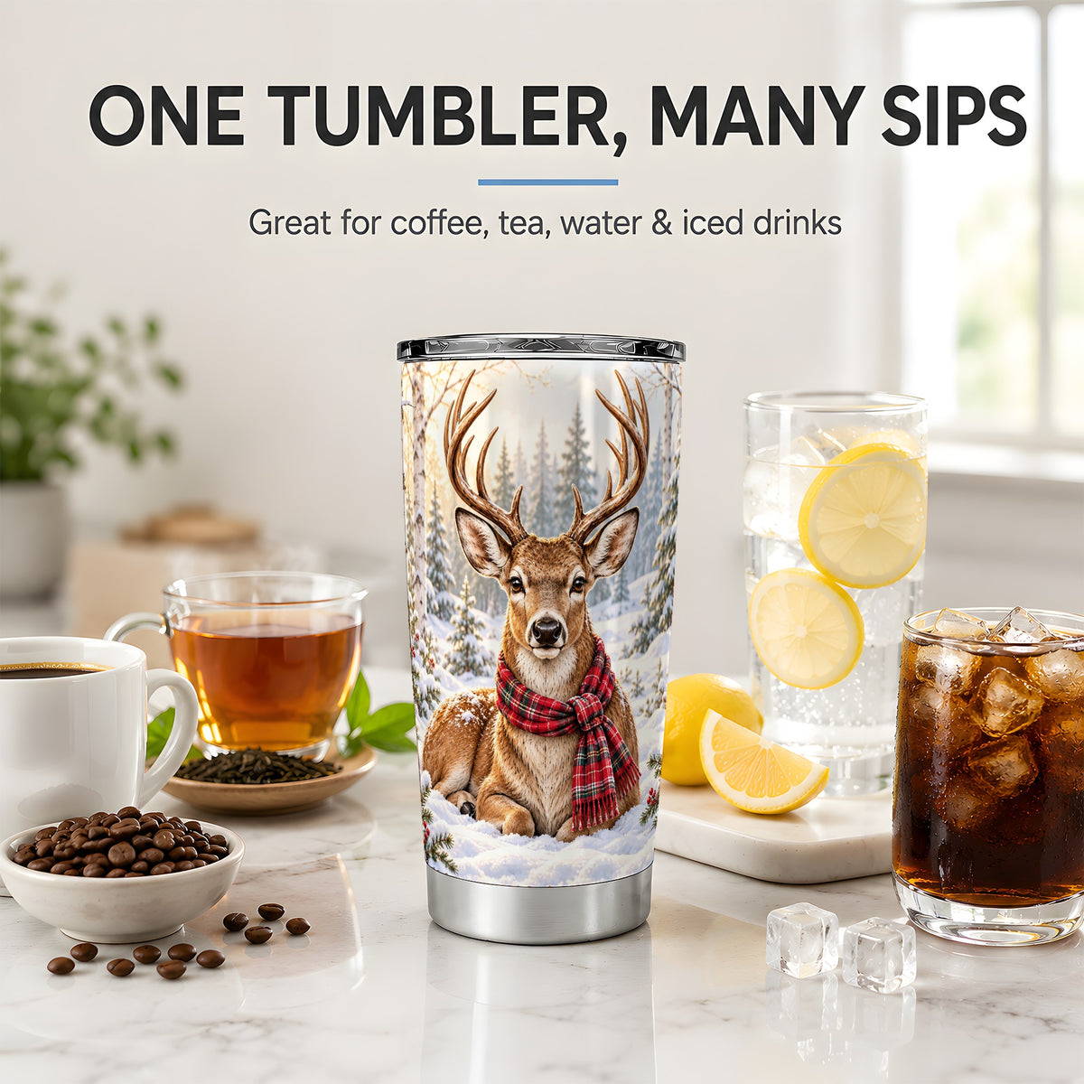 Winter Deer Plaid Scarf 20oz Tumbler, Snowy Woodland Wildlife Art